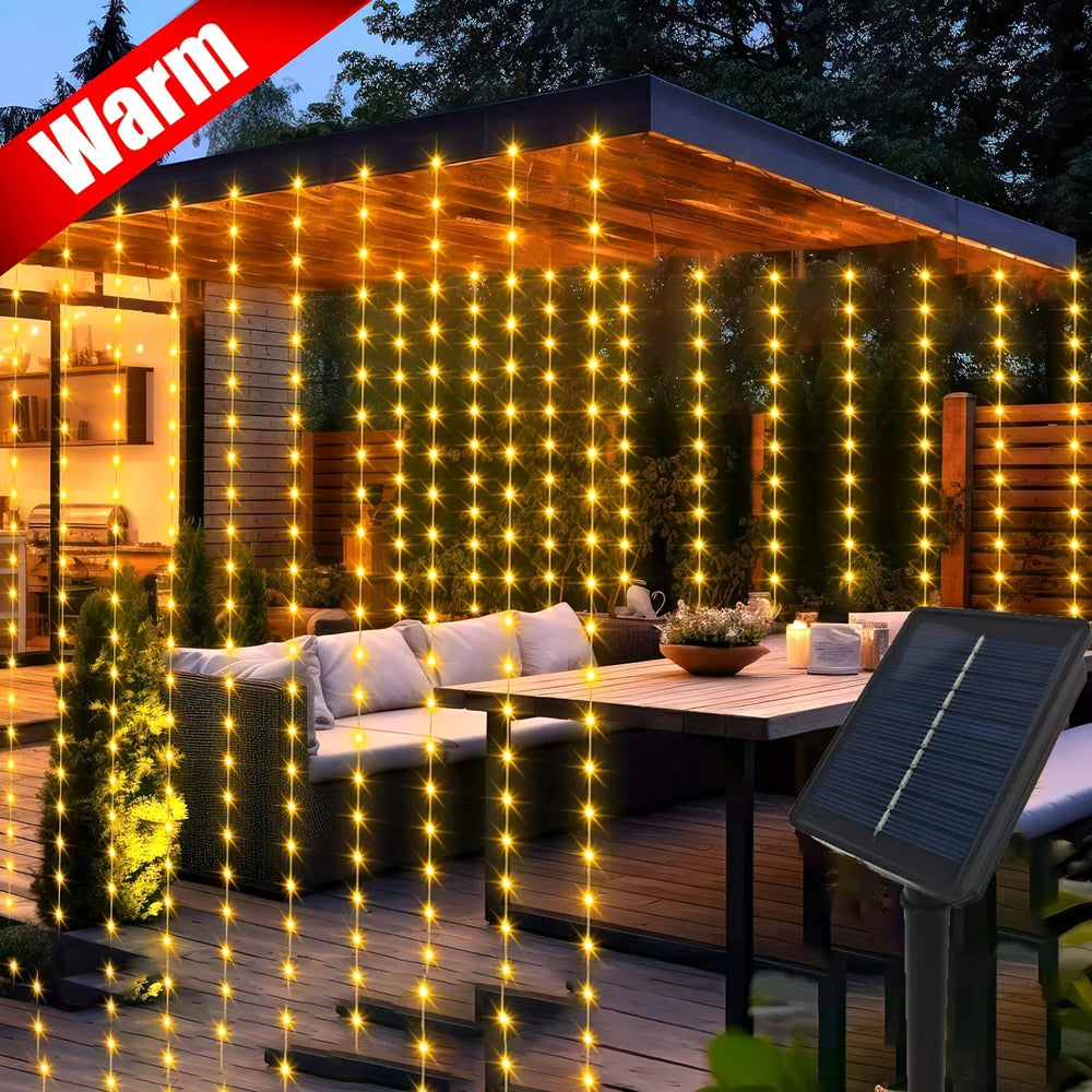 Solar Curtain Lights Outdoor Fairy Lights LED Lights Christmas Wedding Decorations String Lights Garden Decor 600/300/200/100LED