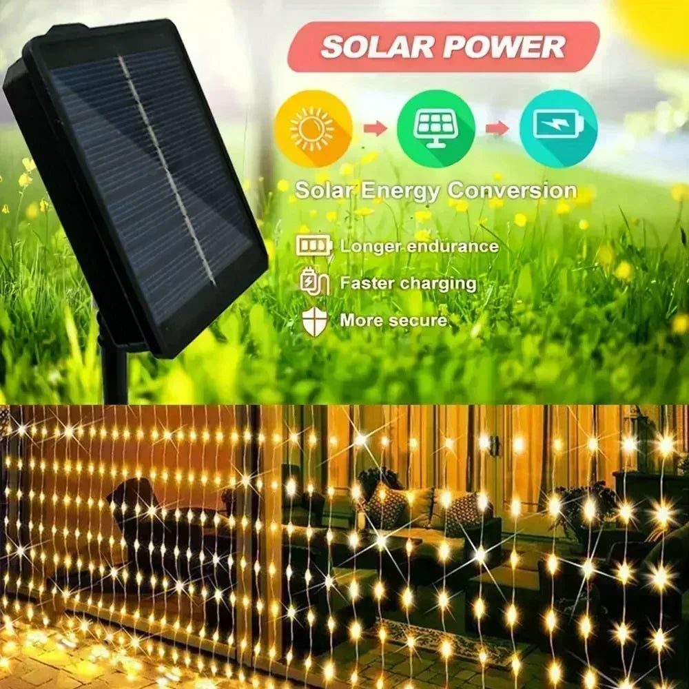 Solar Curtain Lights Outdoor Fairy Lights LED Lights Christmas Wedding Decorations String Lights Garden Decor 600/300/200/100LED